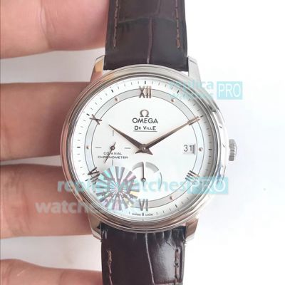Replica Omega De Ville White Dial Brown Leather Strap Watch